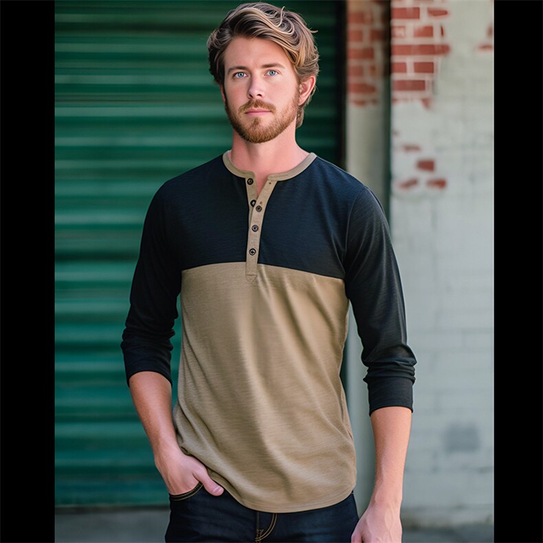 新款男士拼色四粒扣亨利拼色长袖T恤D30，男装T恤，星座1314