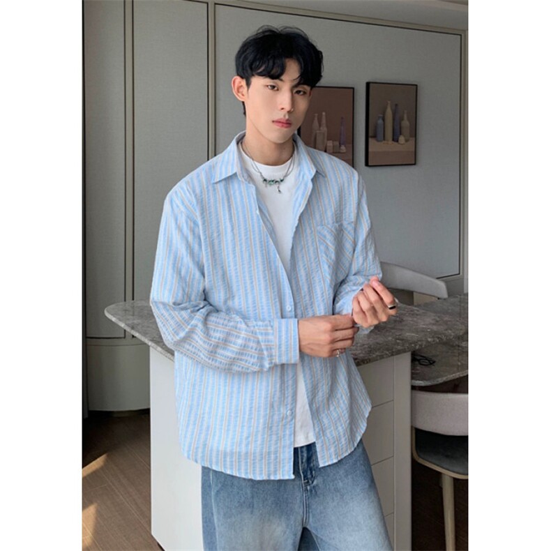 韩式流行褶皱针织拼接条纹肌理感衬衫时尚街头百搭衬衣男CM163，男装衬衫，星座1116A（原606A-3）