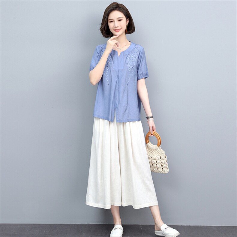 亚麻阔腿裤绣花套装女2022年新款夏季薄款中年妈妈两件套,女装套装/套裙,忆绮罗