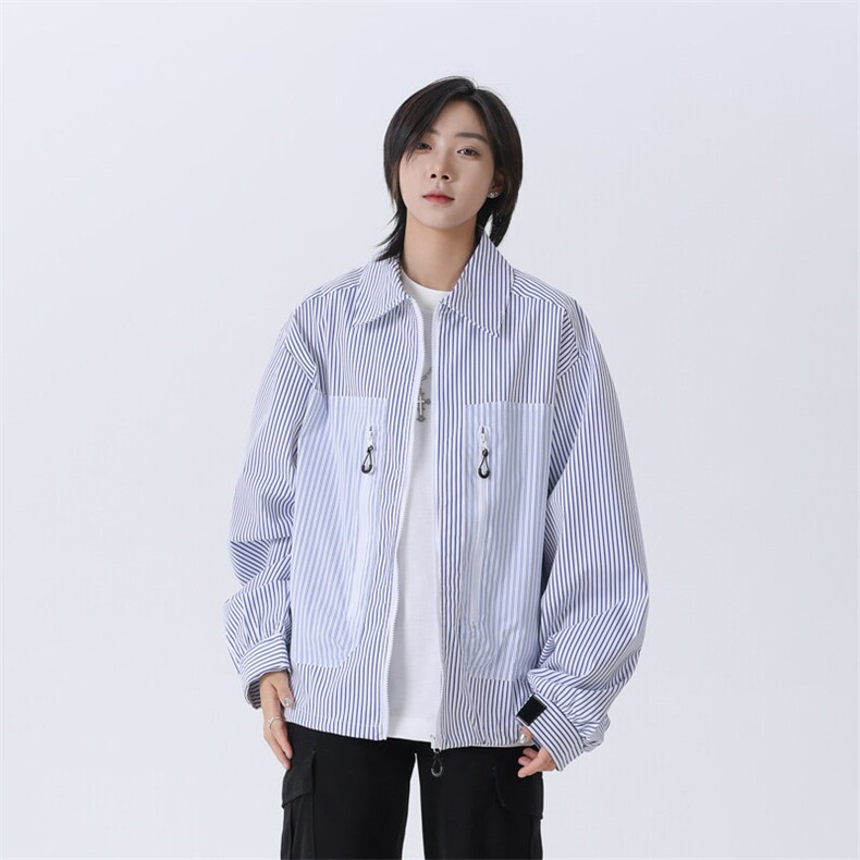 蓝色条纹长袖宽松夏季薄款撞色设计感轻薄防晒衣外套XWT18-1 P45图片