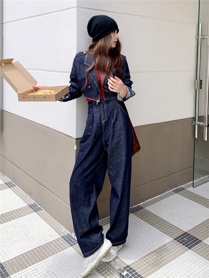 (新款现货）2026春装活性牛仔面料肩章可脱卸两件套拉链连体裤,女装连体裤,印象茜
