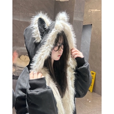 现货重磅硬挺boxy羽绒棉衣座山雕猫耳大毛毛领麂皮棉服冬外套，男装棉衣，电商A443