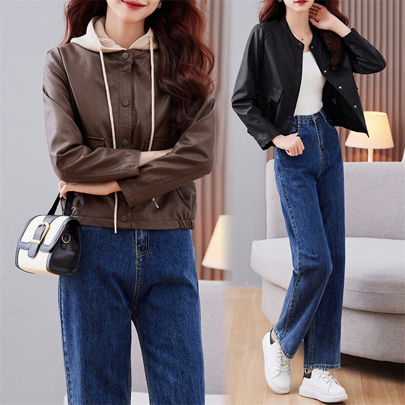 小个子皮衣外套女短款2023年新款春秋季显瘦气质连帽机车PU皮夹克,女装皮衣,江南女神