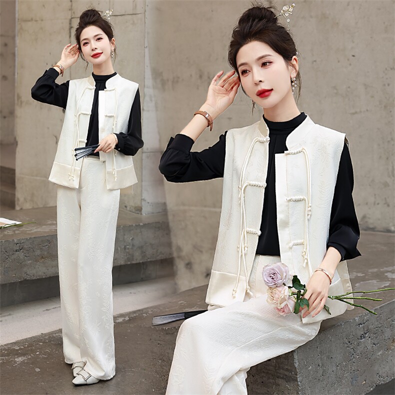 新中式轻国风女2025春新款高级感女神范马甲衬衫阔腿裤，女装马甲，韩美纤衣