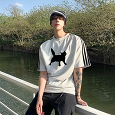 抖音得物高品质二开240克宽松纯棉美式潮牌三条杠织带短袖T恤，男装T恤，电商A486-1