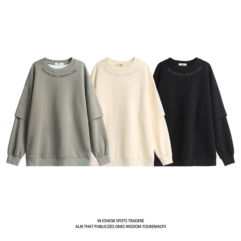 白底秋装新款假两件刺绣圆领卫衣秋季潮男装宽松情侣外套S240-P58，女装短外套，电商A233-2