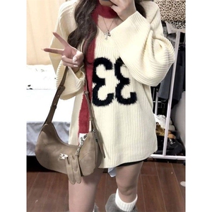 美式复古慵懒风v领数字提花套头毛衣女秋冬季宽松百搭加厚针织衫图片