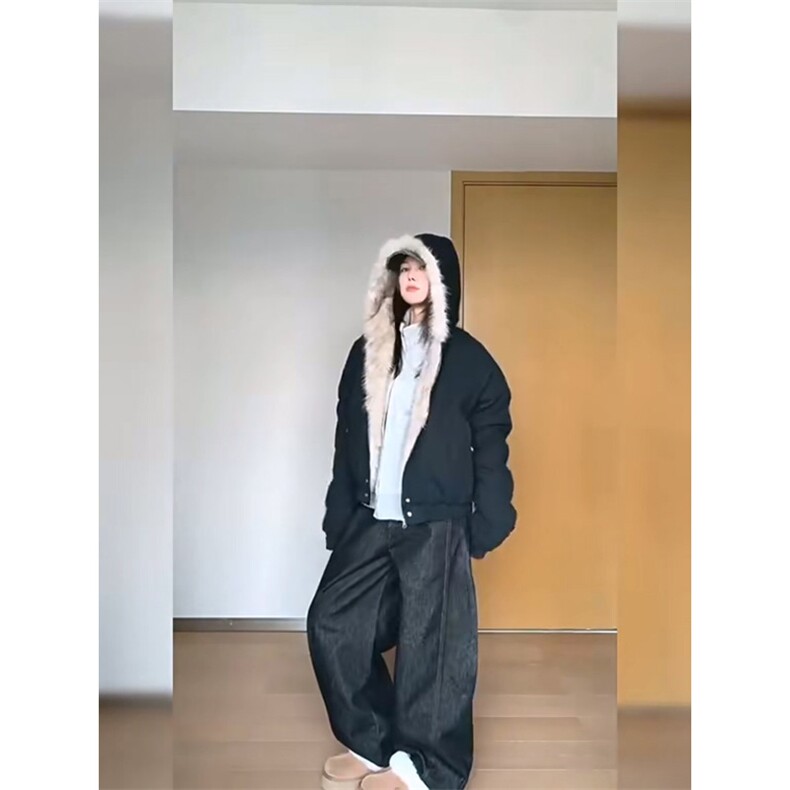 现货高品质美式高街冬季重磅硬挺短款座山雕毛领棉衣男女加厚外套图片