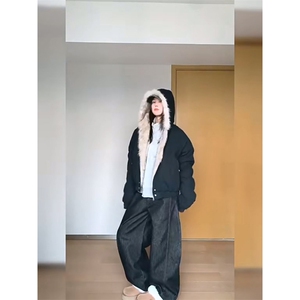 现货高品质美式高街冬季重磅硬挺短款座山雕毛领棉衣男女加厚外套图片
