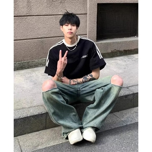 夏季美式高街重磅纯棉三条杠织带撞色男女短袖T恤ZD626-特P30图片