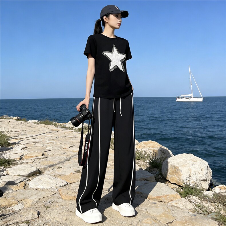 韩版时尚网红气质套装女夏新款洋气减龄五角星T上衣阔腿裤两件套,女装套装/套裙,江南