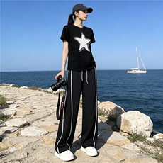 韩版时尚网红气质套装女夏新款洋气减龄五角星T上衣阔腿裤两件套，女装套装/套裙，江南