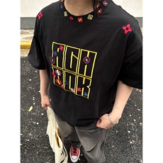 万针全刺绣工艺抖音得物高品质260克重磅纯棉双纱美式高街短袖T恤，男装T恤，电商A486