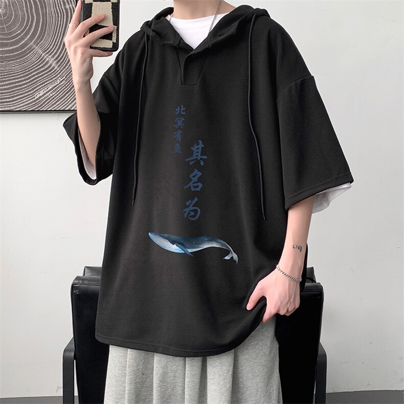 LD54261-P45连帽短袖t恤男大码胖子带帽五分袖中袖大皂风,男装T恤,电商A040