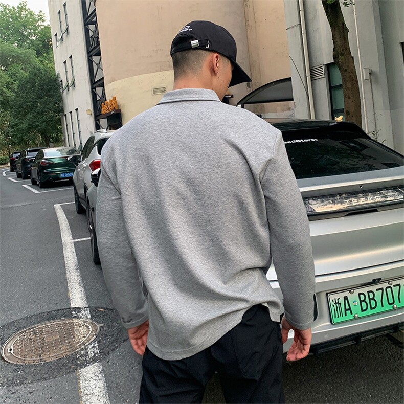 抖音得物高品质美式高街重磅曼巴棉结构螺纹拼接翻领卫衣长袖T恤,男装T恤,电商A486