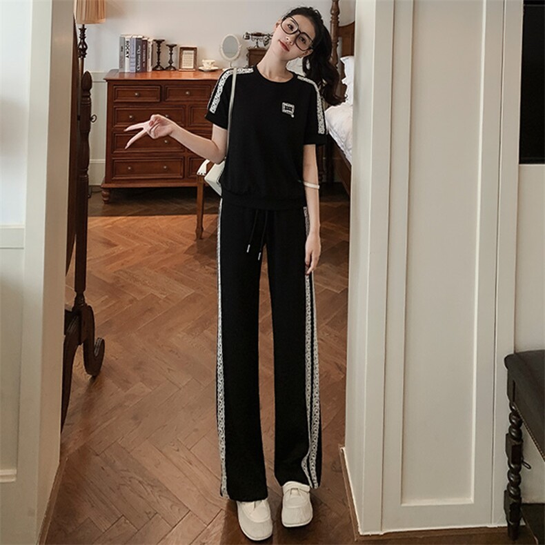 韩版时尚休闲运动套装女夏季新款显瘦拼接短袖上衣直筒长裤两件套图片
