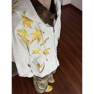美式刺绣卫衣枫叶印花纽扣连帽卫衣春秋季宽松显瘦慵懒外套 W05图片