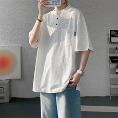 8XL-M亨利领亚麻短袖t恤男弹力大码宽松半袖开衩设计体恤DT002P45，男装T恤，电商B312