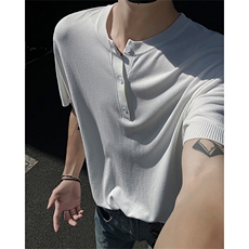 T315-批35控58夏季亨利领冰丝针织短袖男潮牌纯色打底衫，男装针织衫/毛衣，电商A058-1（原电商C417）