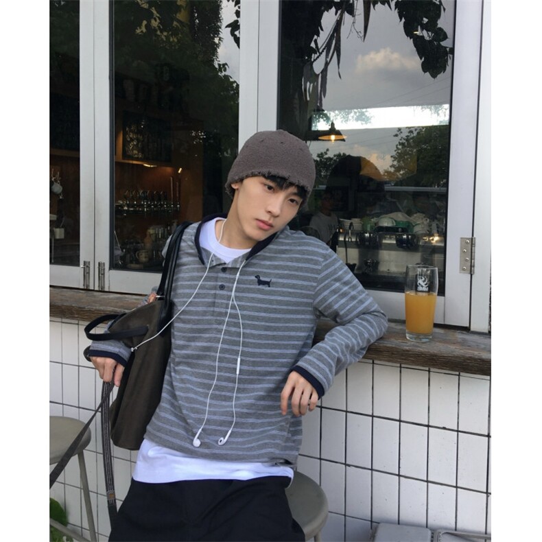 现货DXQ1439-批45小狗刺绣条纹亨利领长袖秋季上衣,男装卫衣,星座603-2
