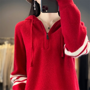 时尚百搭红色半拉链帽衫 羊毛针织衫 女装秋冬新款图片