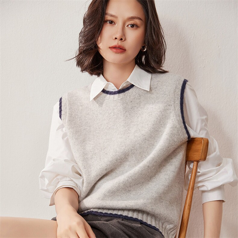 2025百搭时尚简约拼色圆领马甲羊绒衫,女装羊绒衫,雪真羊绒高端店