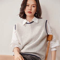 2025百搭时尚简约拼色圆领马甲羊绒衫，女装羊绒衫，雪真羊绒高端店