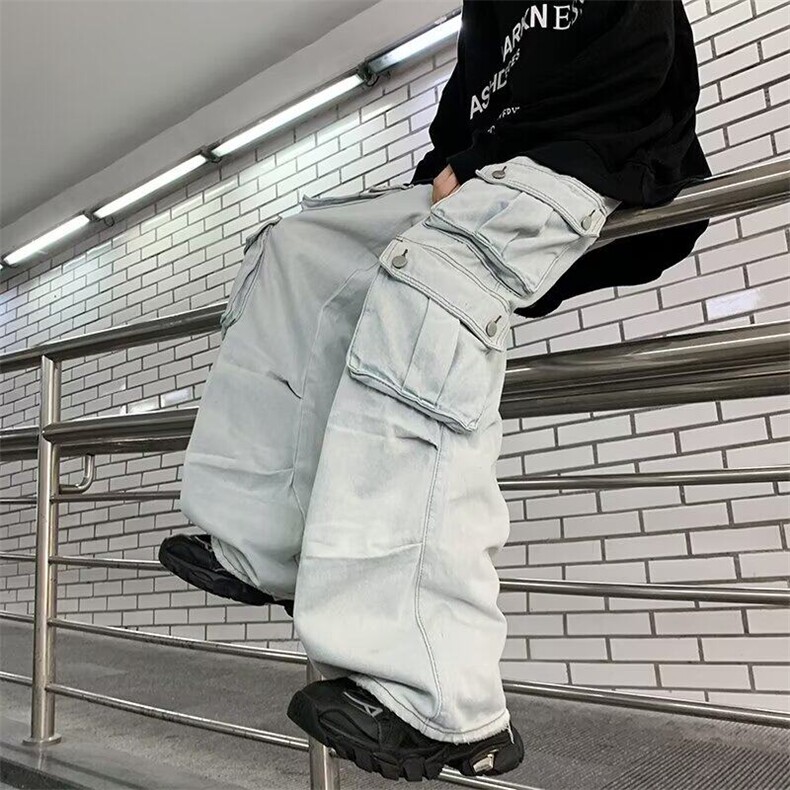 多口袋工装裤男潮牌宽松直筒拖地牛仔裤设计感长裤潮RK2231-P56,男装牛仔裤,星座412-2