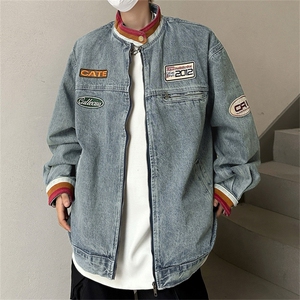 潮牌美式复古立领做旧情侣牛仔外套男春季贴布机车赛车服夹克上衣图片