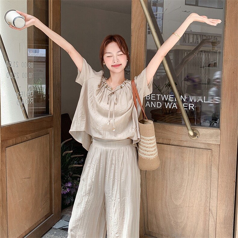 韩系卡其色衬衫阔腿裤套装女夏2025新款两件套ootd穿搭爆款高级感,女装套装/套裙,1D066-1