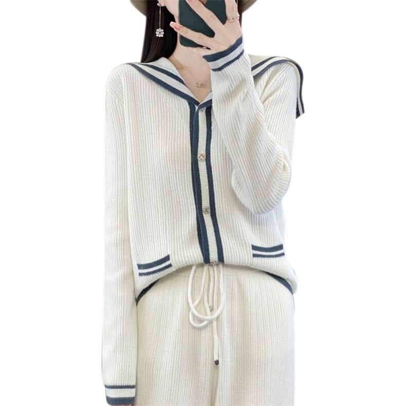 时尚显瘦海军领拼色针织套装女秋冬季新款宽松休闲两件套毛衣裤,女装套装/套裙,宛庄羊绒
