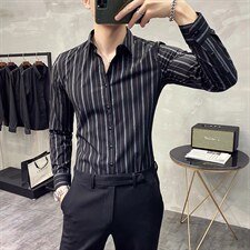 21秋季M-5XL条纹衬衫男长袖韩版修身休闲衬衣男打底CS203TP45，男装T恤，电商B413