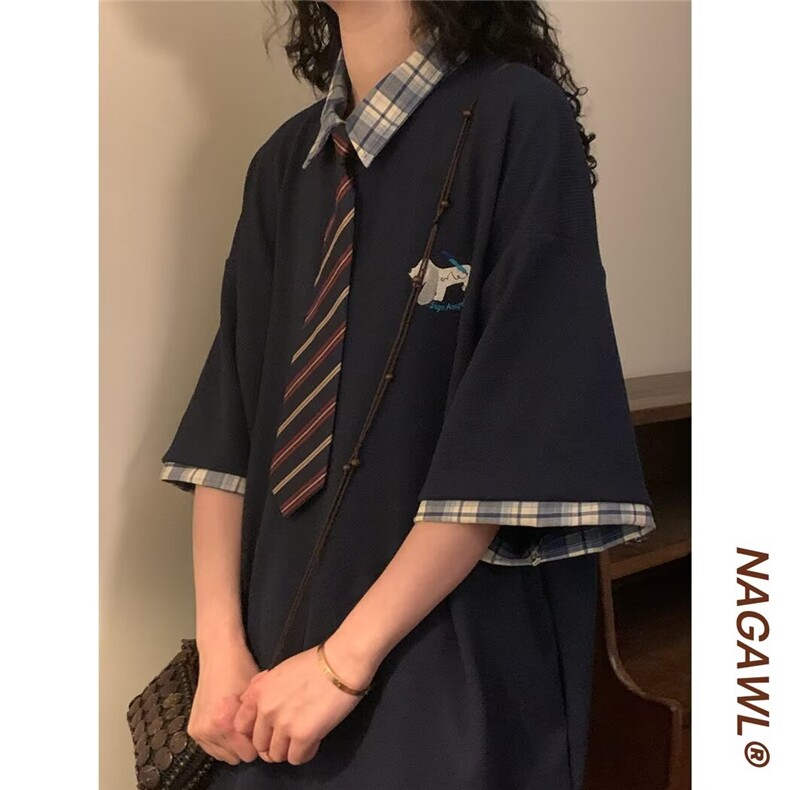 夏季美式复古学院风拼接格子小狗刺绣polo衫短袖T恤上衣男图片