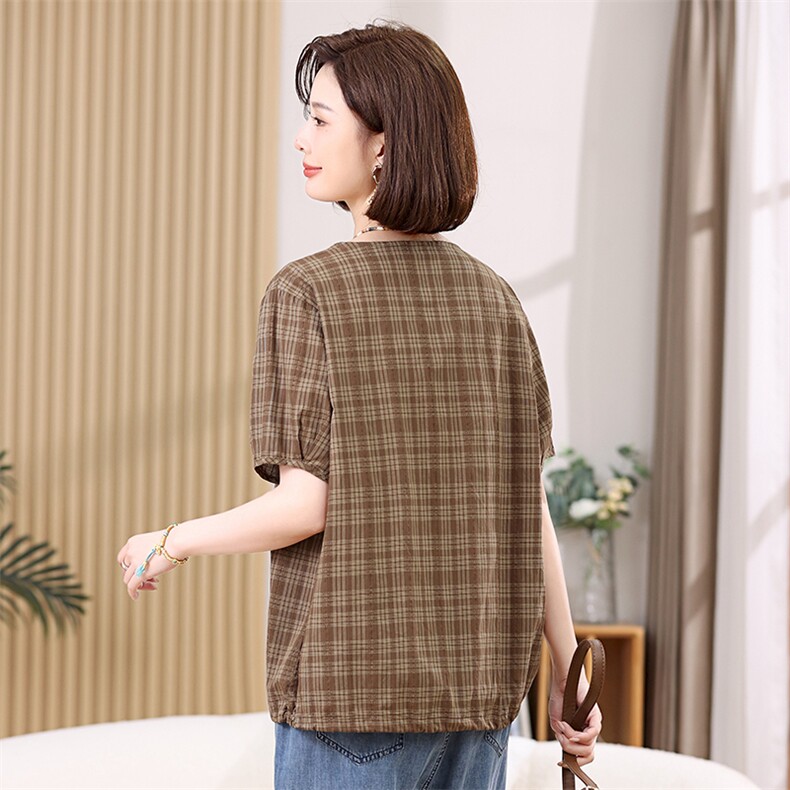 V领垂感天丝衬衫2025新款女士冰丝短袖复古格子衬衣中年妈妈上衣,女装衬衫,叶笙衣