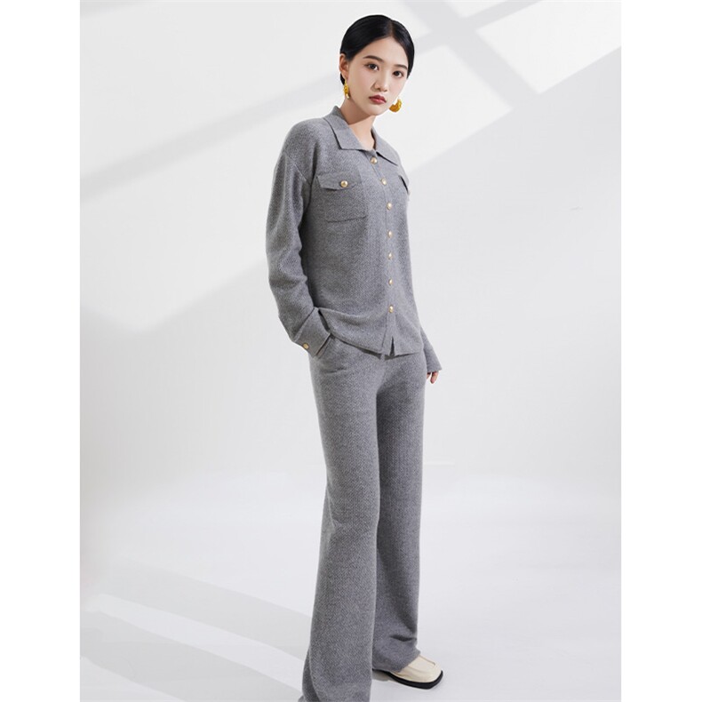 2024年秋季时尚气质翻领简约百搭上衣阔腿裤两件套，女装套装/套裙，恒爱羊绒