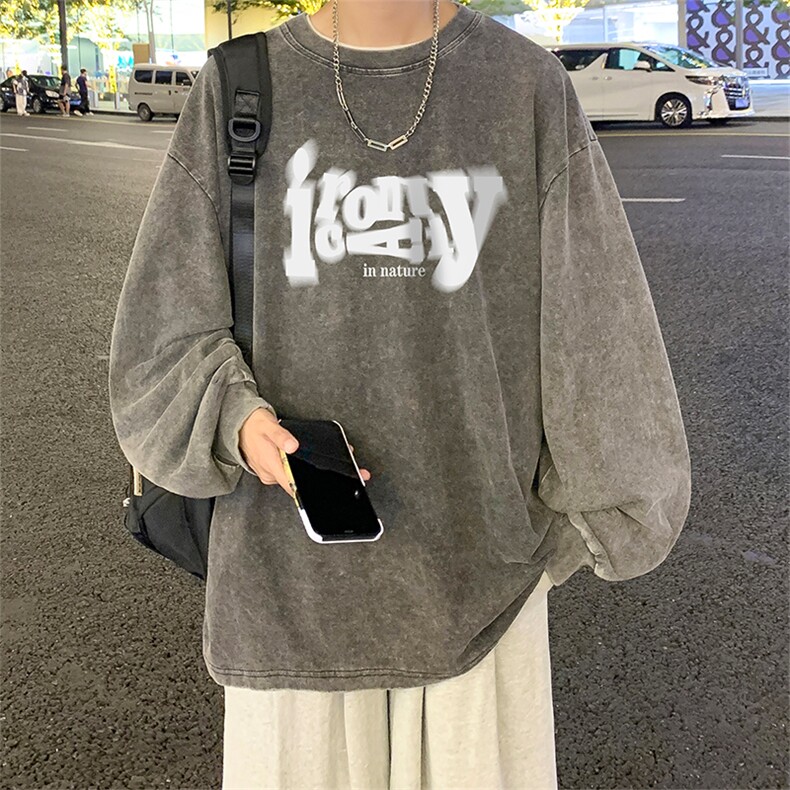 直播品质重磅纯棉美式蜡染水洗做旧潮牌宽松长袖t恤CT376特P38,男装T恤,电商A486