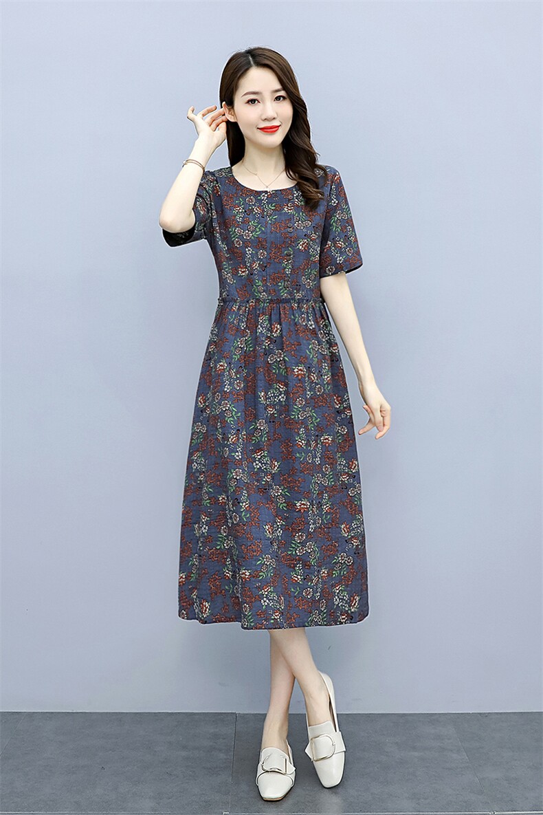 棉麻印花连衣裙女2025夏新款显瘦休闲中年女士中长款碎花亚麻裙子,女装连衣裙,天丽