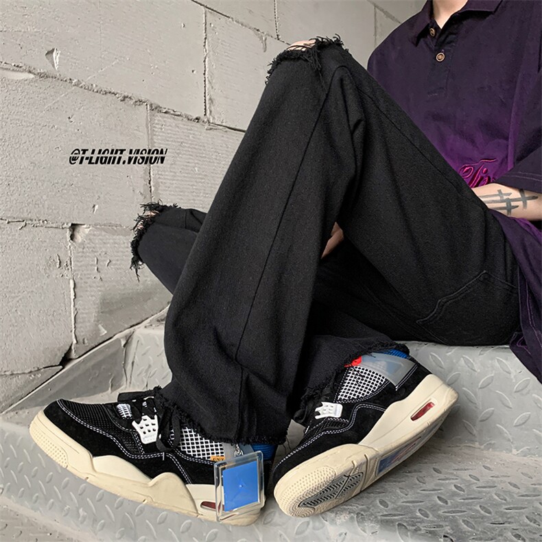 B221美式ins高街简约小众设计毛边破洞牛仔裤LK23067-P60控78,男装牛仔裤,电商B221
