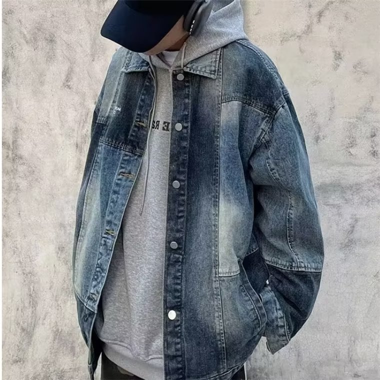 复古蓝拼接牛仔外套男2025春季宽松小众设计感拼色牛仔衣夹克上衣,男装工装外套,星座1210-1