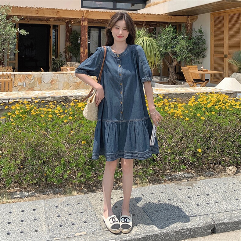 复古宽松薄款夏天牛仔连衣裙2025新款女减龄休闲大码中长裙潮,女装连衣裙,2D076