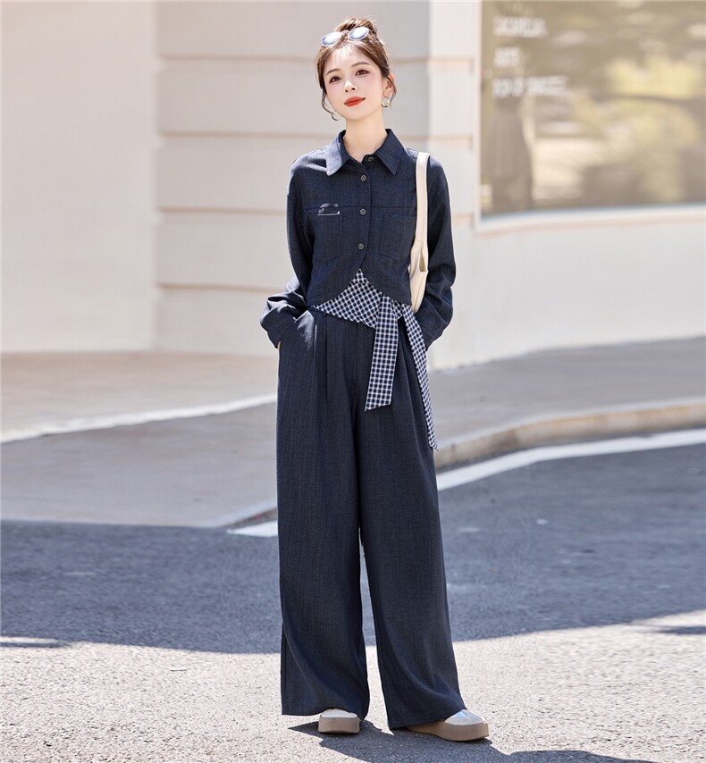 休闲时尚方格牛仔套装女2025年春秋新款高腰宽松显瘦阔腿裤三件套,女装套装/套裙,意芙