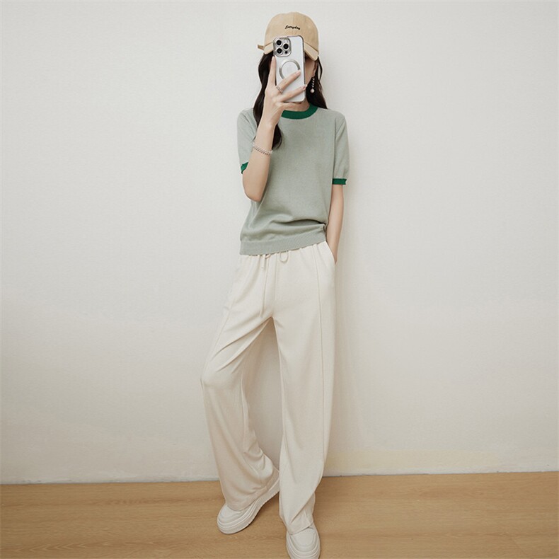 100纯棉针织短袖T恤衫女2025新款圆领套头洋气小清新拼色t恤上衣，女装针织衫/毛衣，佰旭羊绒