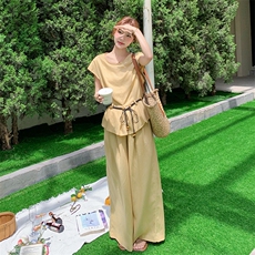 休闲气质棉麻阔腿裤套装女夏2025新款两件套韩系夏日ootd穿搭，女装套装/套裙，2C159