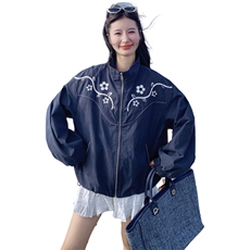 藏青色别致刺绣休闲风外套女2025年春秋季新款韩系松弛感时尚夹克，女装风衣，2C218