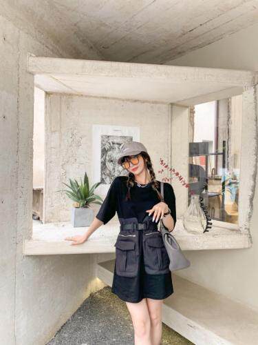 双口袋拼接连衣裙带腰带，女装连衣裙，Queena PHoebe