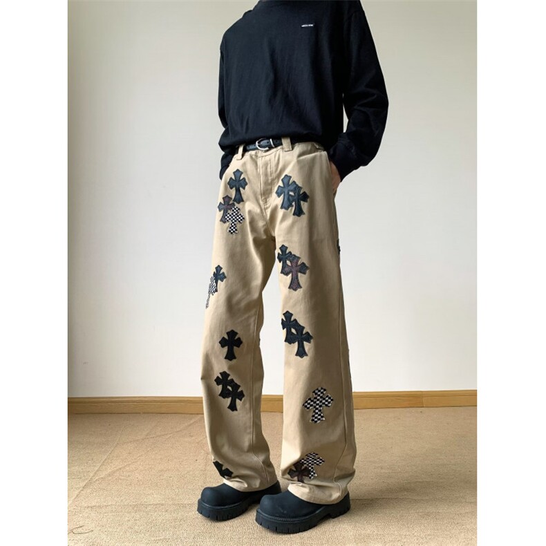 自家图~重磅黄泥色十字皮标绣休闲裤CK752/特P65，男装皮裤，电商B350