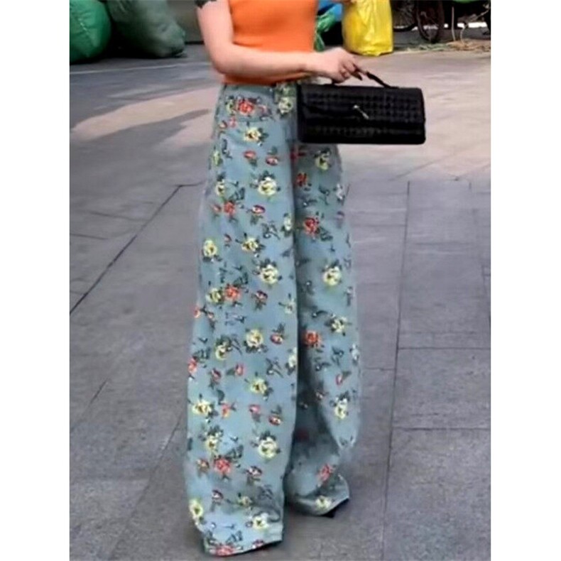 复古港风花朵印花阔腿牛仔裤女夏季百搭碎花拖地裤长裤NA1996,男装牛仔裤,星座1116A（原606A-3）
