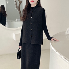 2024春秋新款宽松V领毛衣针织马甲裙两件套，女装套装/套裙，美雪羊绒