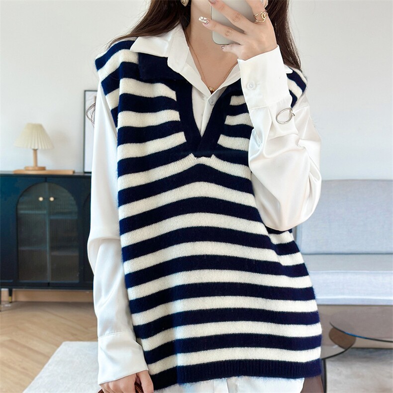 2025年秋季新款百搭斑马纹V领羊毛衫，女装羊毛衫，狄美羊绒
