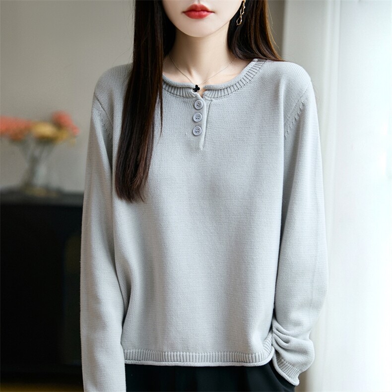 100%纯棉线卷边圆领长袖针织衫女加厚宽松套头打底衫全棉显瘦上衣,针织衫/毛衣,丹芙娇羊绒